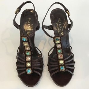 VALENTINO BROWN LEATHER EMBELLISHED WEDGES SIZE IT 37.5 / US 7.5